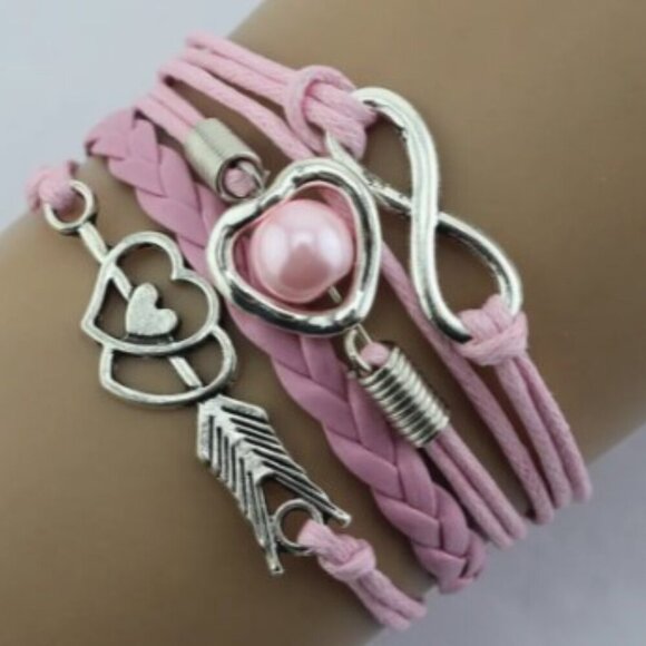 Cupid's Arrow Pearl Rope Multi-Layer Heart Bracelet Pink and Silver Retro Style - Picture 3 of 6